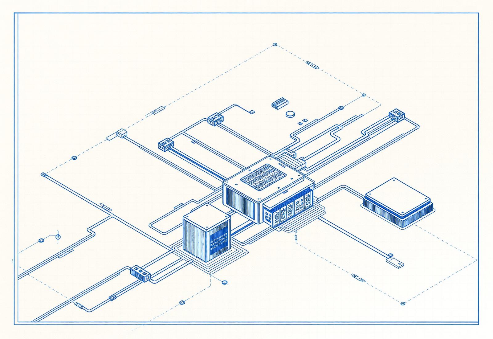 Isometric blueprint drawing of interconnected server and network nodes on cream drafting paper