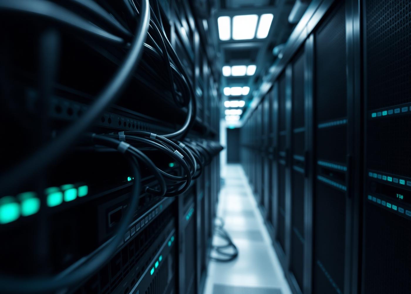 Close-up view of dark fibre-optic cabling and network switches inside a modern data centre