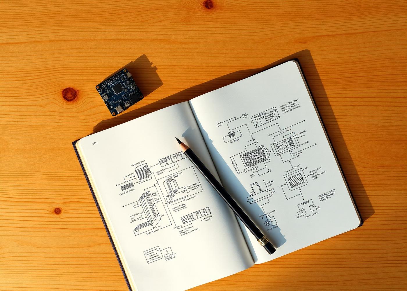 Overhead view of an open technical notebook filled with hand-drawn architecture diagrams beside a small circuit board on a wooden desk